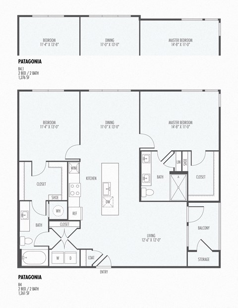 Floor plan for 2 beds, 2 baths, 1276 sqft